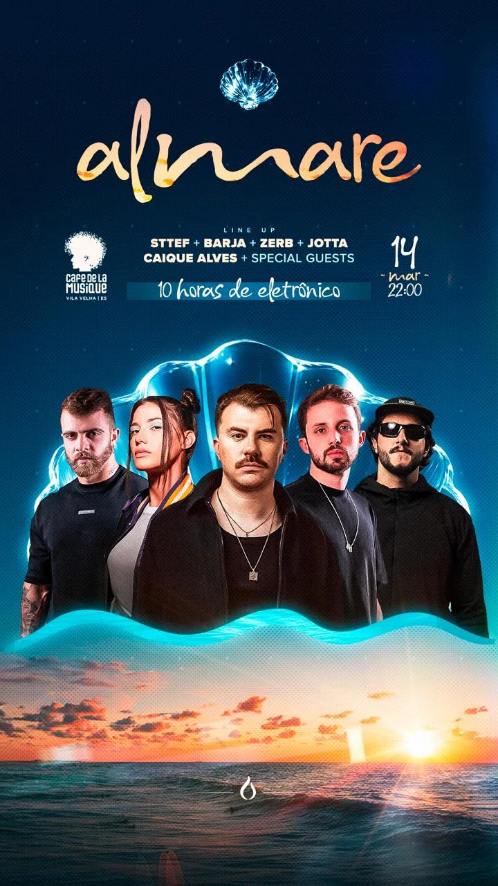 Flyer do Almare com Sttef no line-up ao lado de atrações nacionais