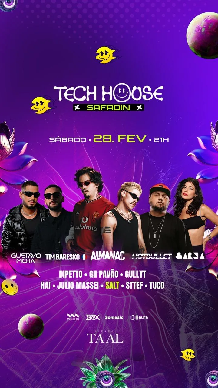 Flyer do Tech House com Sttef no line-up ao lado de atrações nacionais